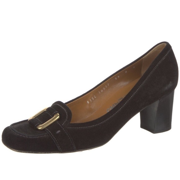 Salvatore Ferragamo Suede Leather Black Square Toe Buckle Pump Heels EUC Size 8 - Picture 1 of 10